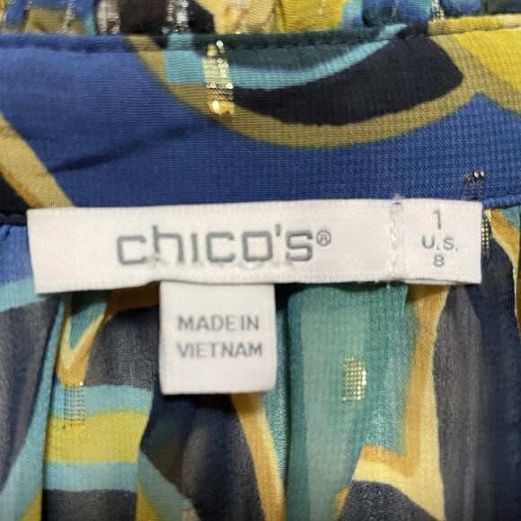 CHICO'S Blue/Green/Black Sheer Chiffon Clip Dot Swirl Print Blouse Sz 1 (Sz M-8) - Picture 7 of 11